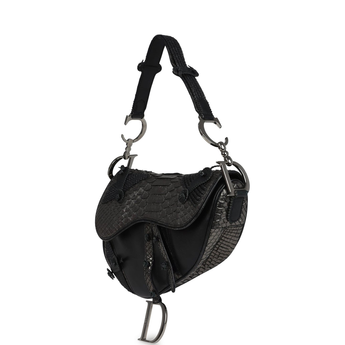 Vintage Christian Dior Saddle Bag Gunmetal Python and Black Leather Silver Hardware
