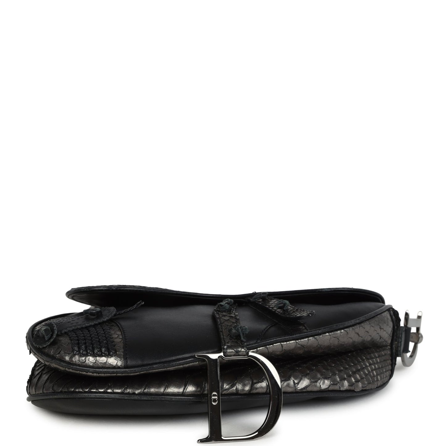 Vintage Christian Dior Saddle Bag Gunmetal Python and Black Leather Silver Hardware