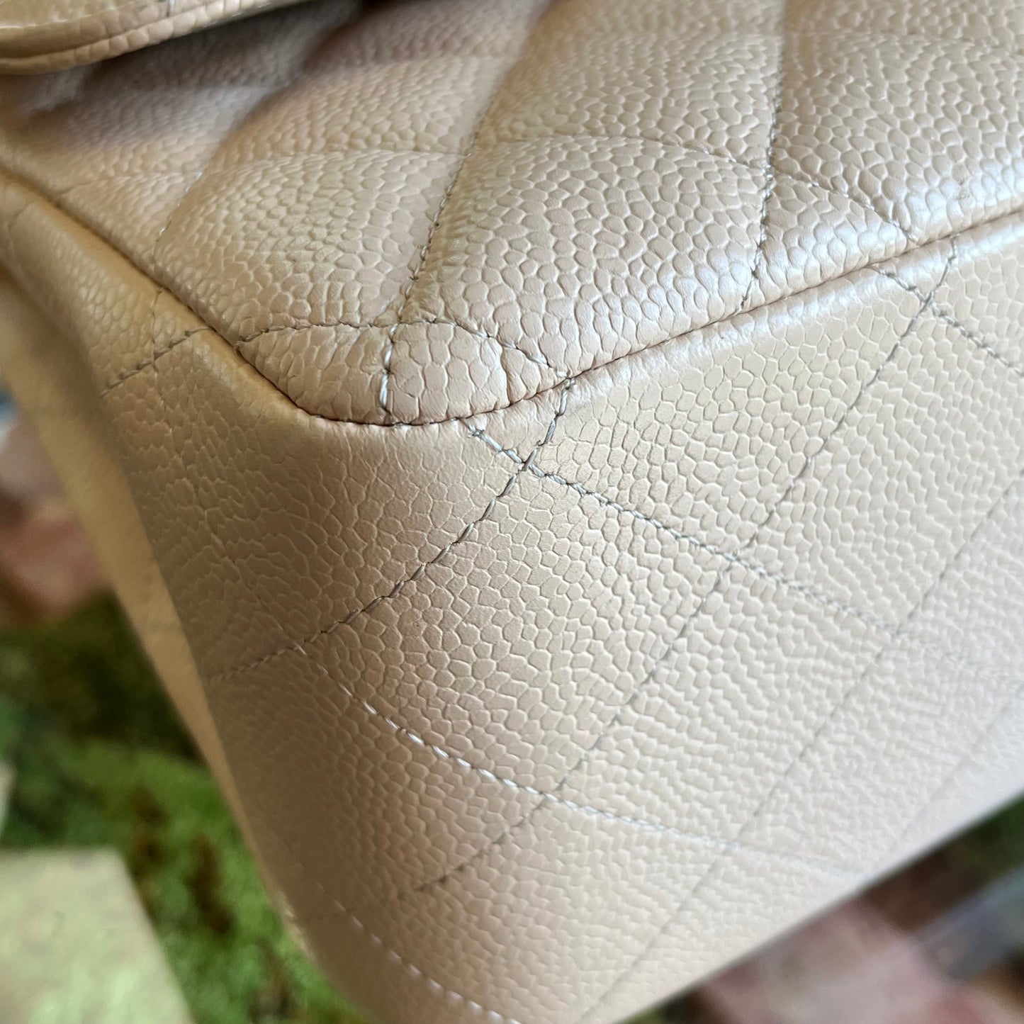 CHANEL Classic Double Flap Jumbo Beige Quilted Caviar Leather Shoulder Bag