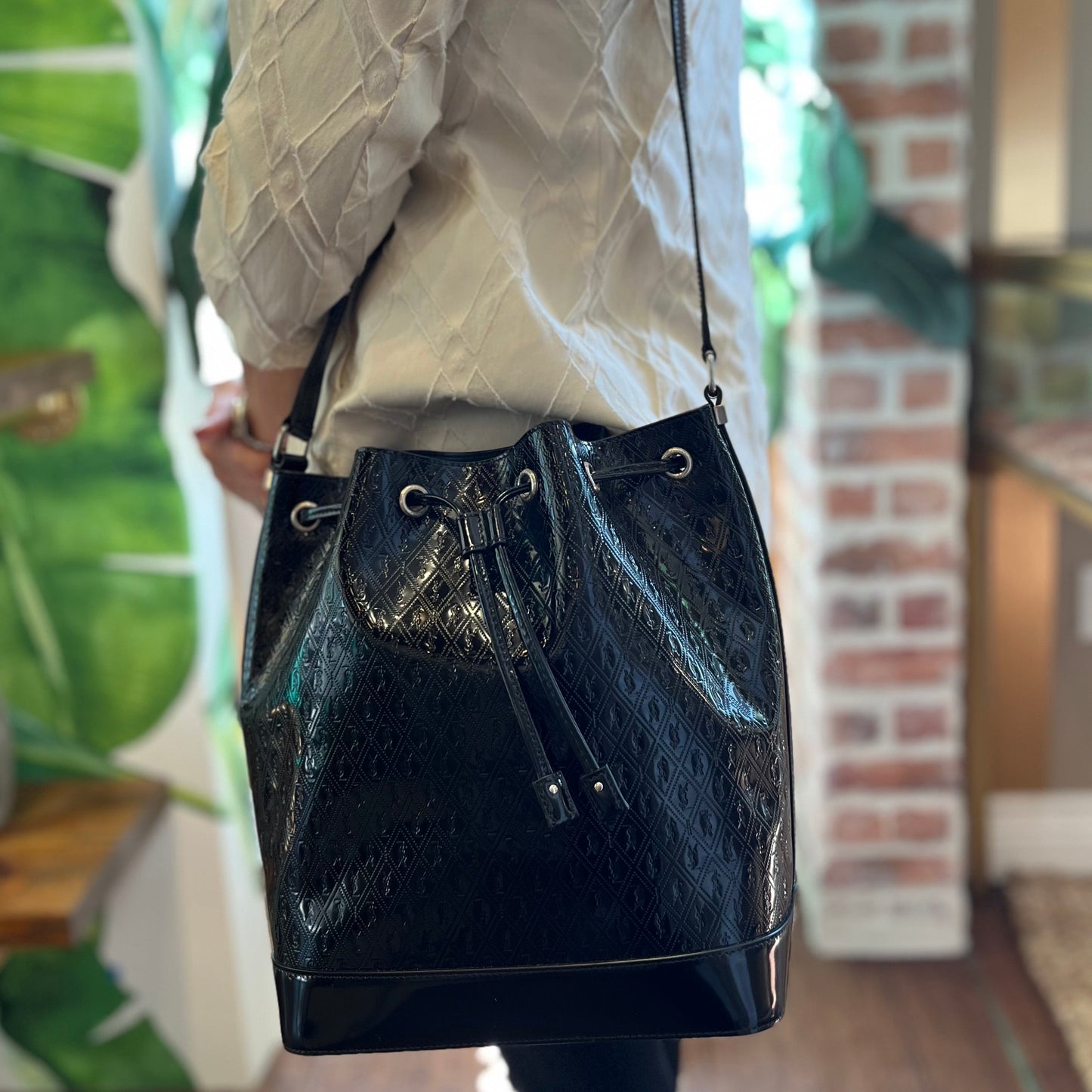 SAINT LAURENT Spazzolato Le Monogram Drawstring Bucket Bag