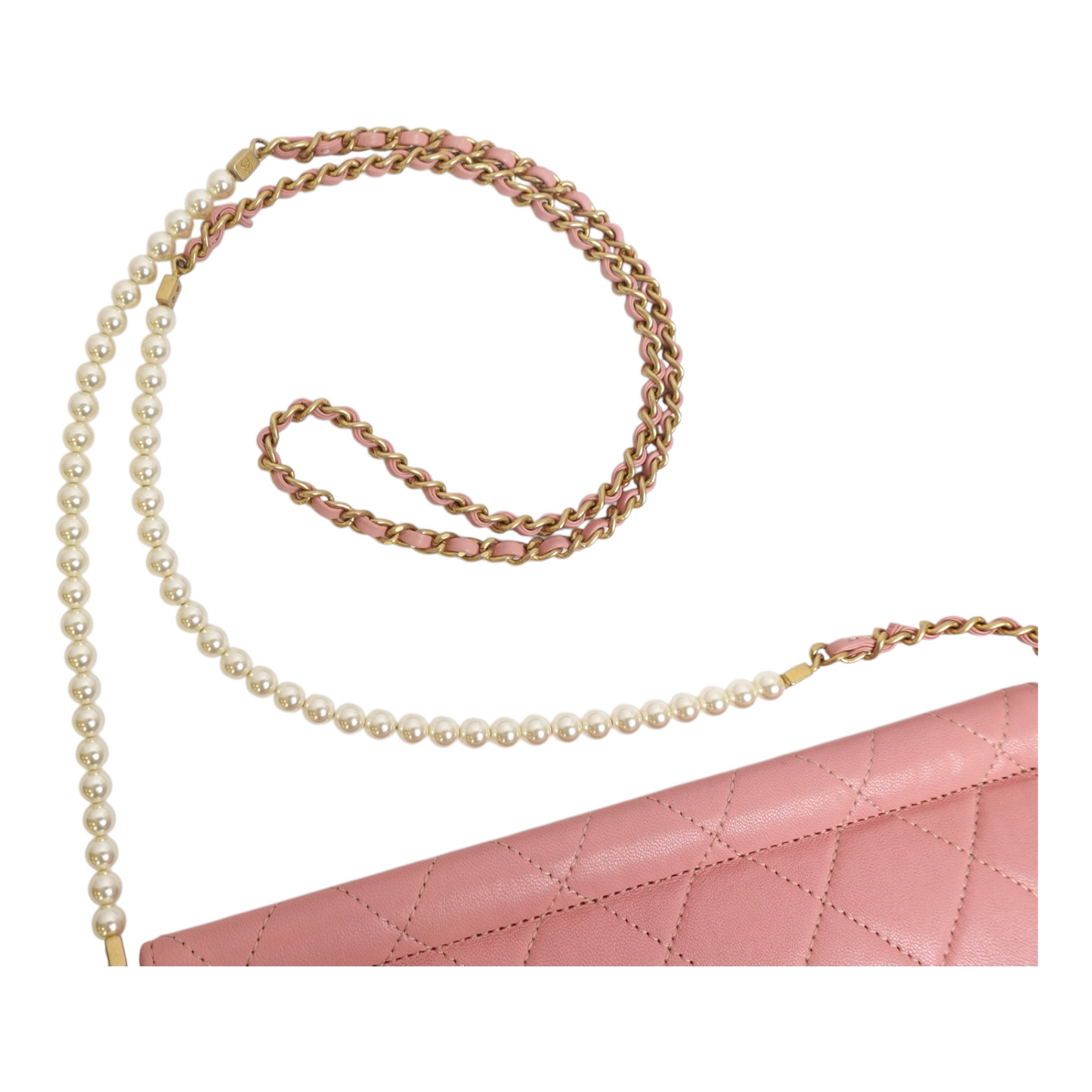 Chanel Lambskin Quilted Large Pearl Chain Flap Bag Pink