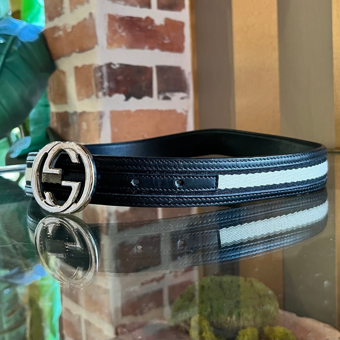 GUCCI Interlocking G Monogram Canvas Leather Belt SZ75/30(2US)