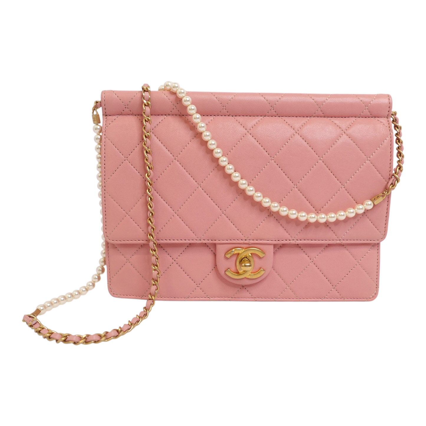 Chanel Lambskin Quilted Large Pearl Chain Flap Bag Pink