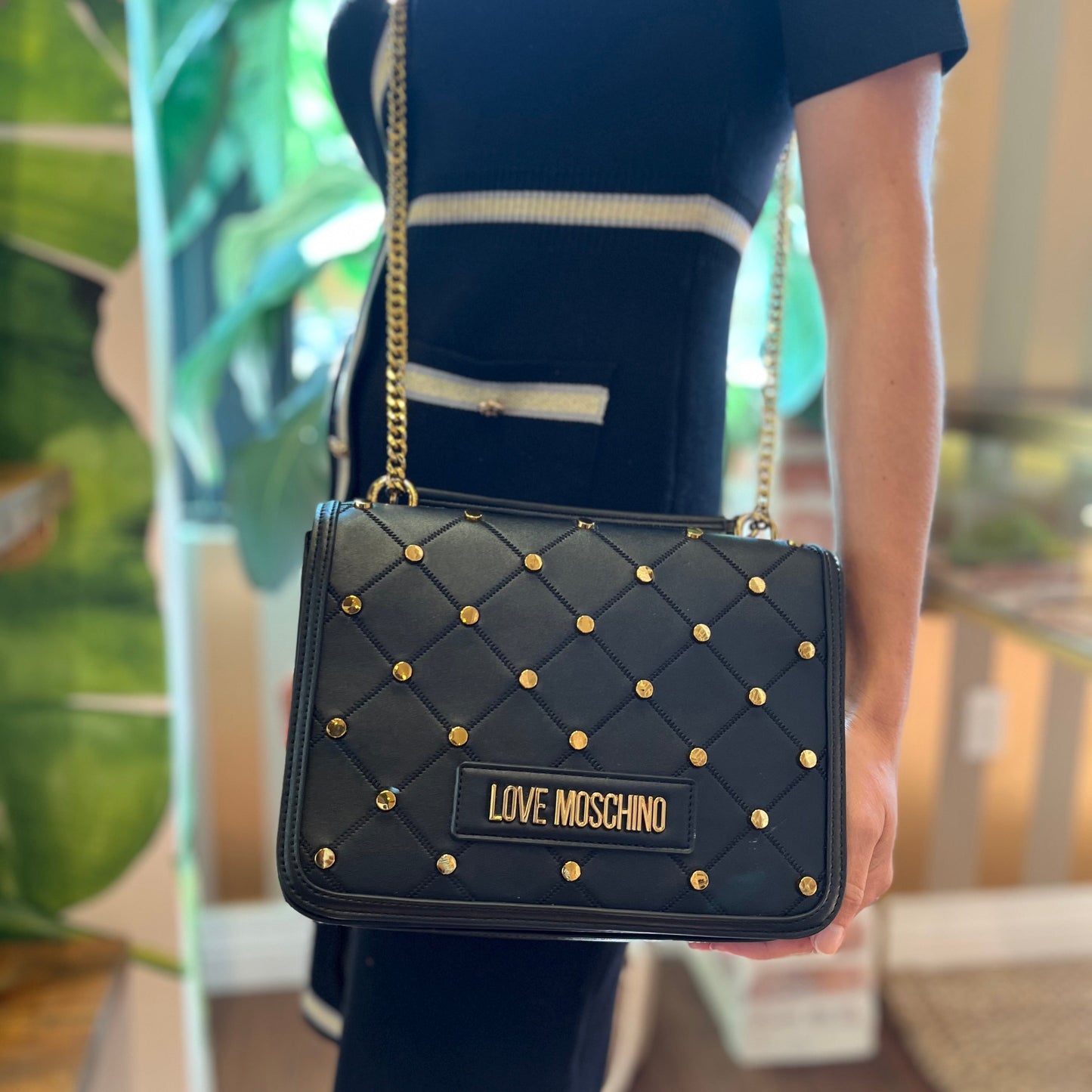 LOVE MOSCHINO Faux Leather Studded Flap Bag TS4036