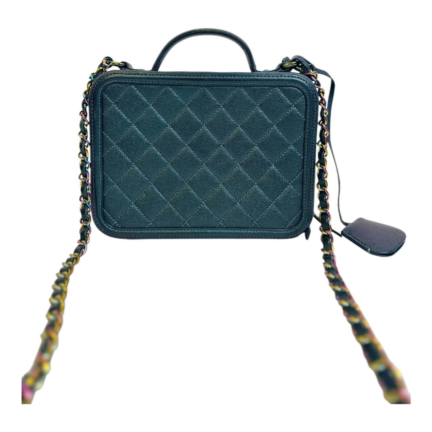 Chanel Iridescent Caviar Quilted Medium CC Filigree Vanity Case Dark Turquoise