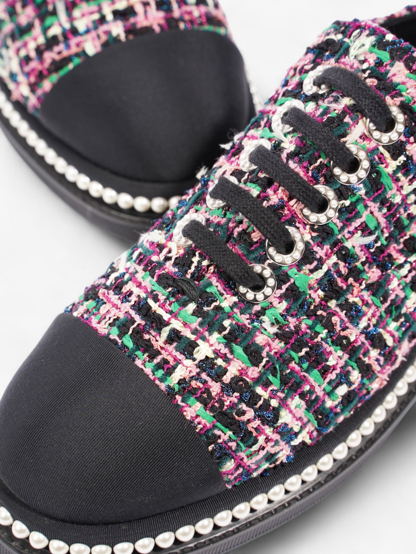 Chanel Tweed Faux Pearl Lace Up Multicolour  / Black Tweed EU 39.5 UK 6.5