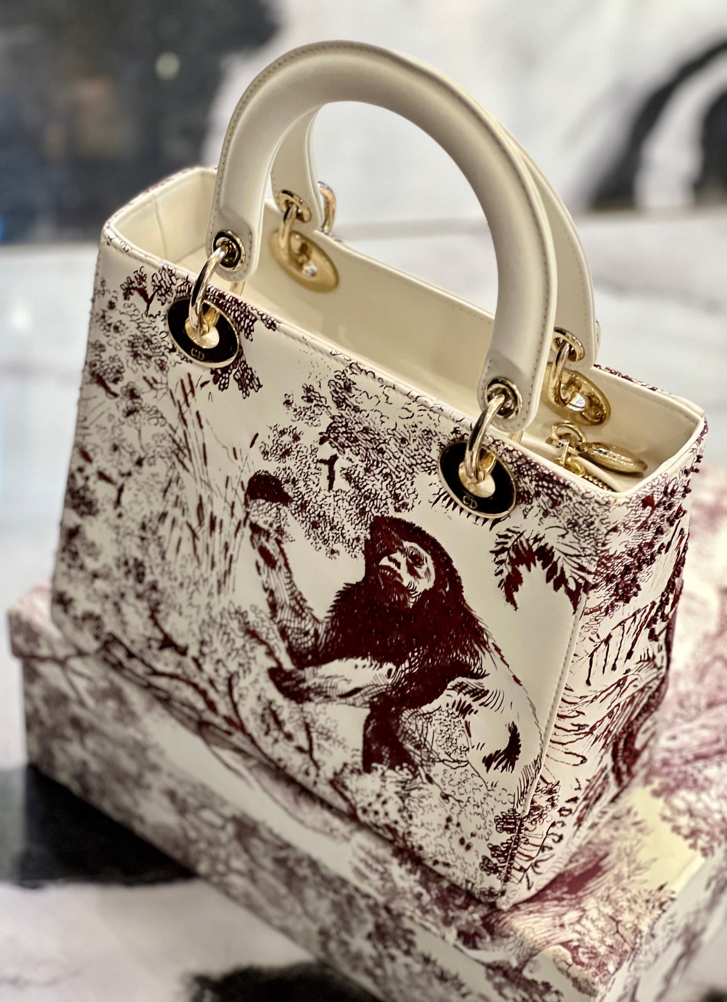 CHRISTIAN DIOR LADY DIOR CALFSKIN EMBROIDERED MEDIUM TOILE DE JOUY BAG