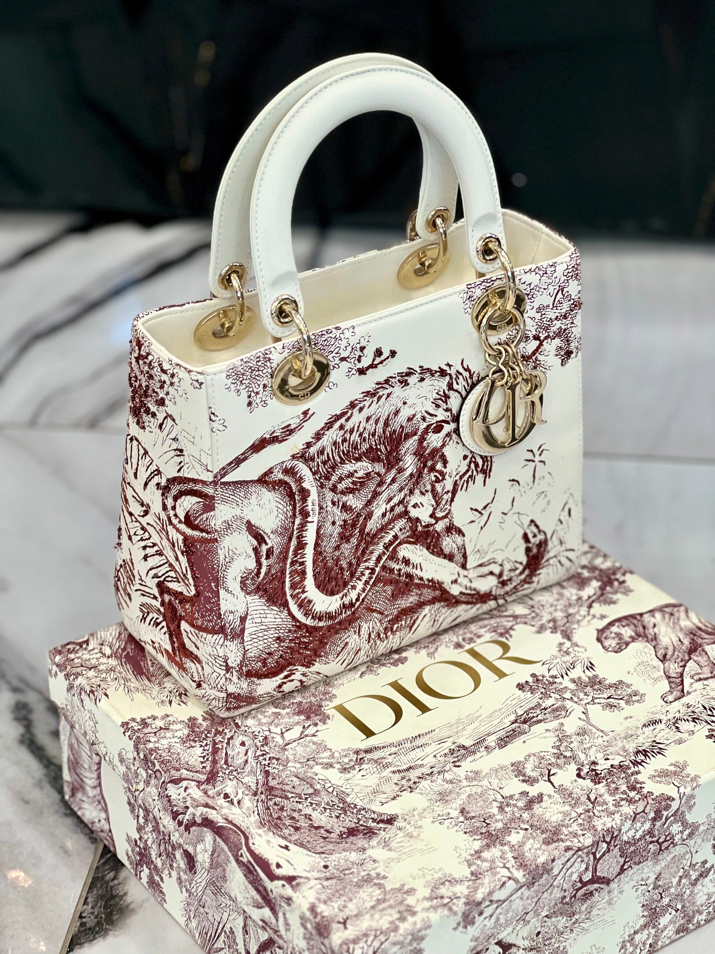 CHRISTIAN DIOR LADY DIOR CALFSKIN EMBROIDERED MEDIUM TOILE DE JOUY BAG