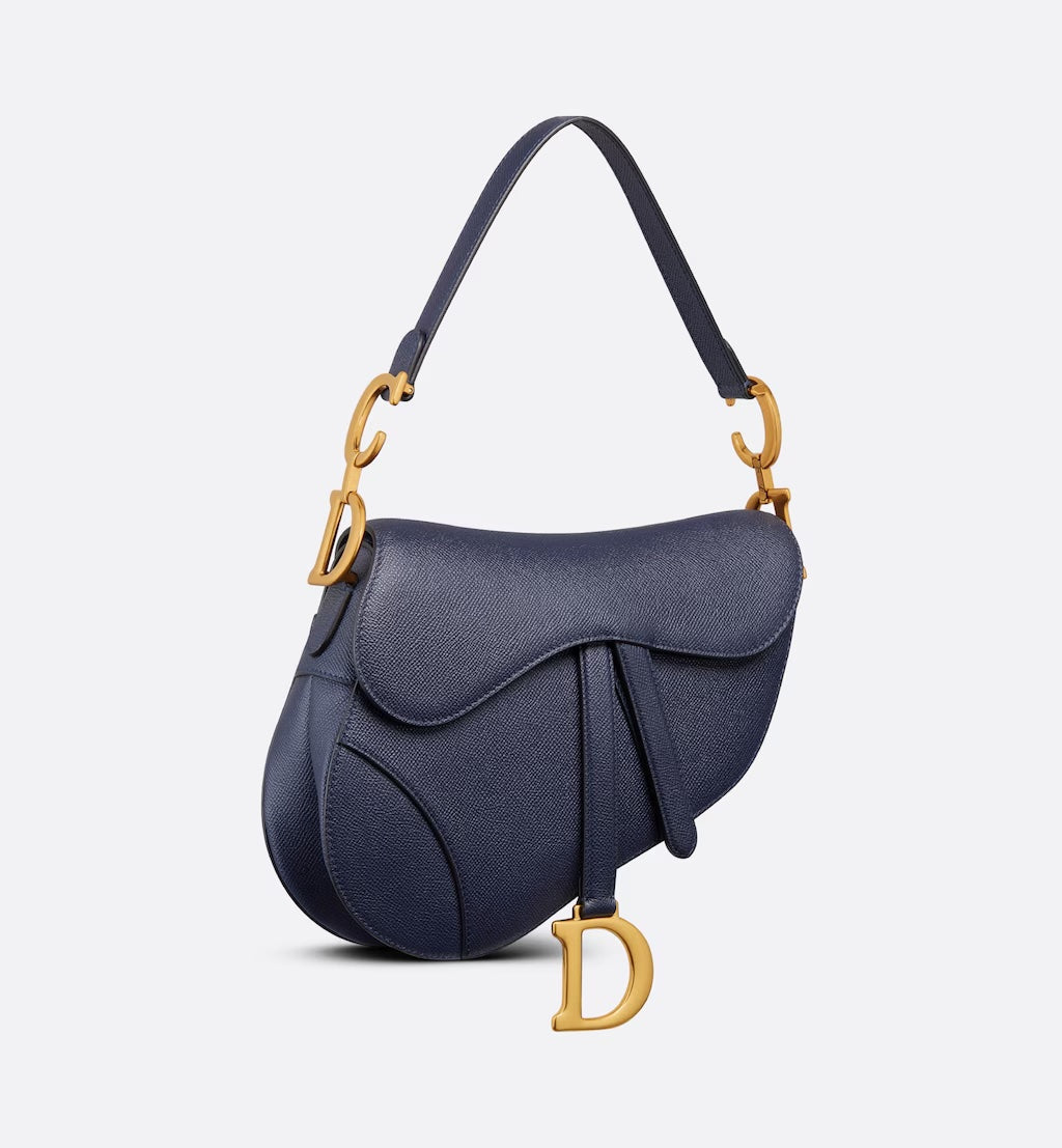 DIOR GRAINED CALFSKIN LEATHER SADDLE BAG IN INDIGO BLUE