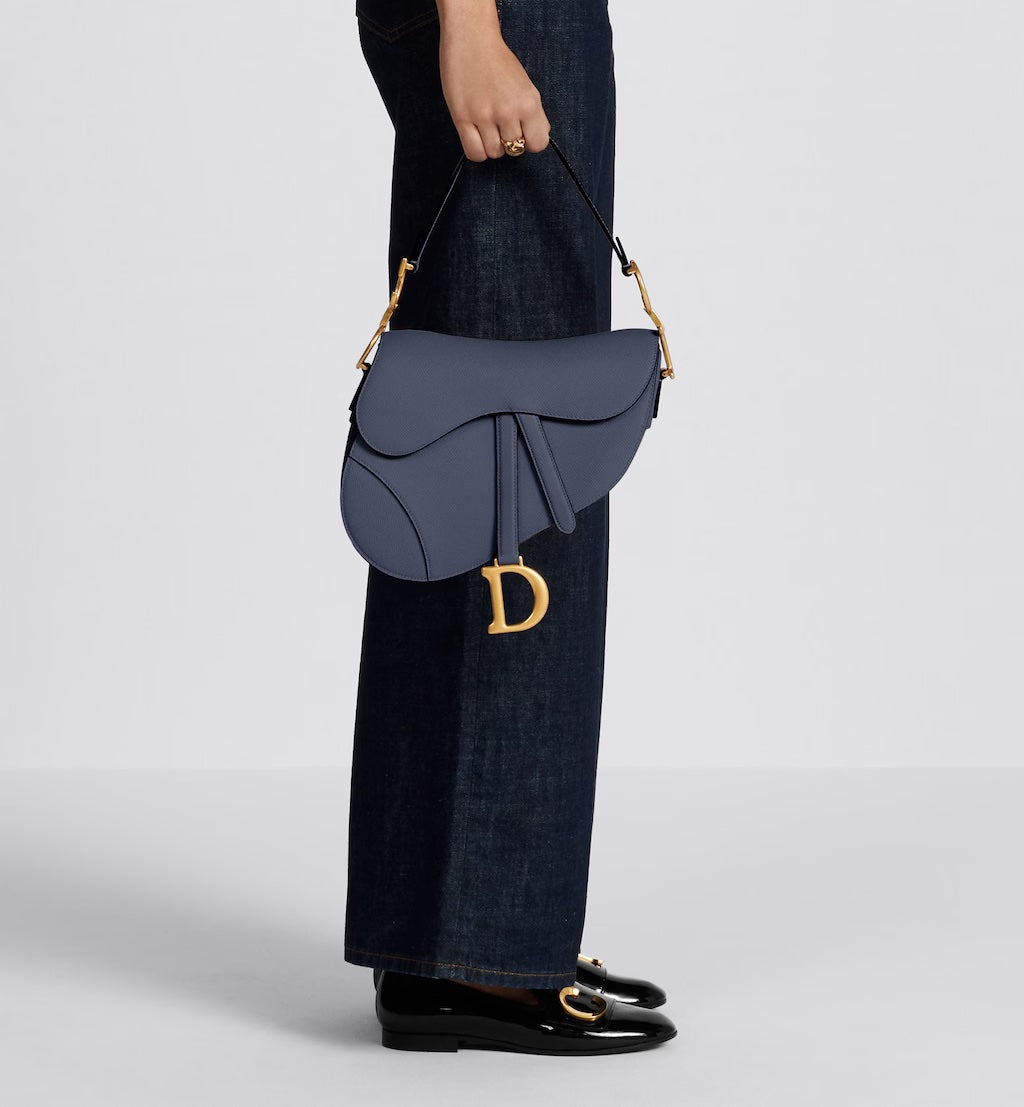 DIOR GRAINED CALFSKIN LEATHER SADDLE BAG IN INDIGO BLUE