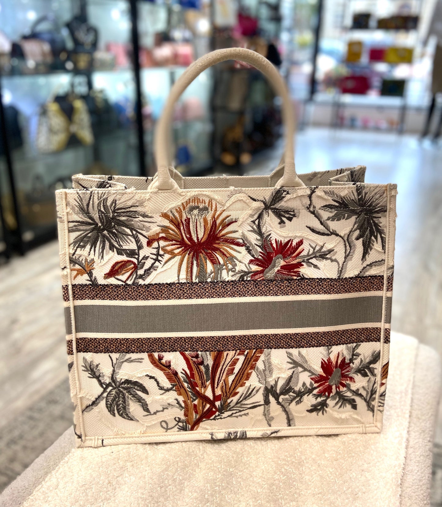 DIOR TOILE DE JOUY TROPICALLA EMBROIDERED LARGE BOOK TOTE BAG