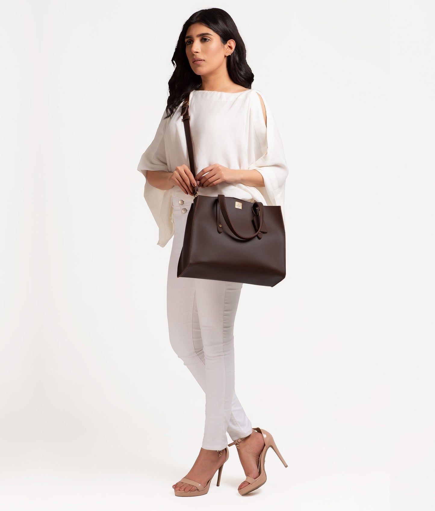 Dark brown multi compartment satchel bag