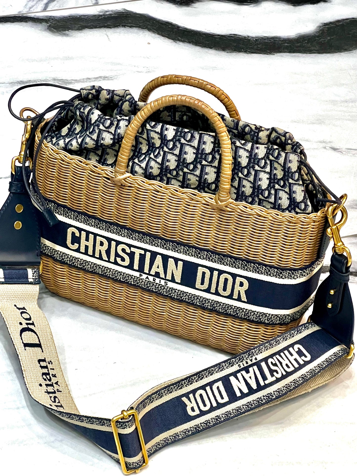 CHRISTIAN DIOR OBLIQUE WICKER BASKET TOTE BAG