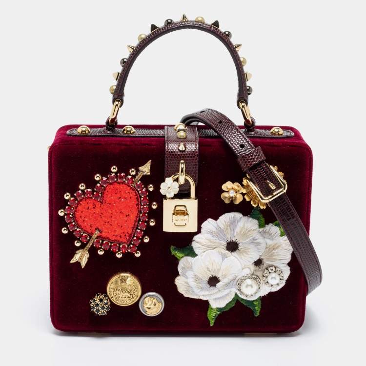 DOLCE & GABBANA VELVET LIZARD EMBOSSED LEATHER EMBELLISHED BOX BAG