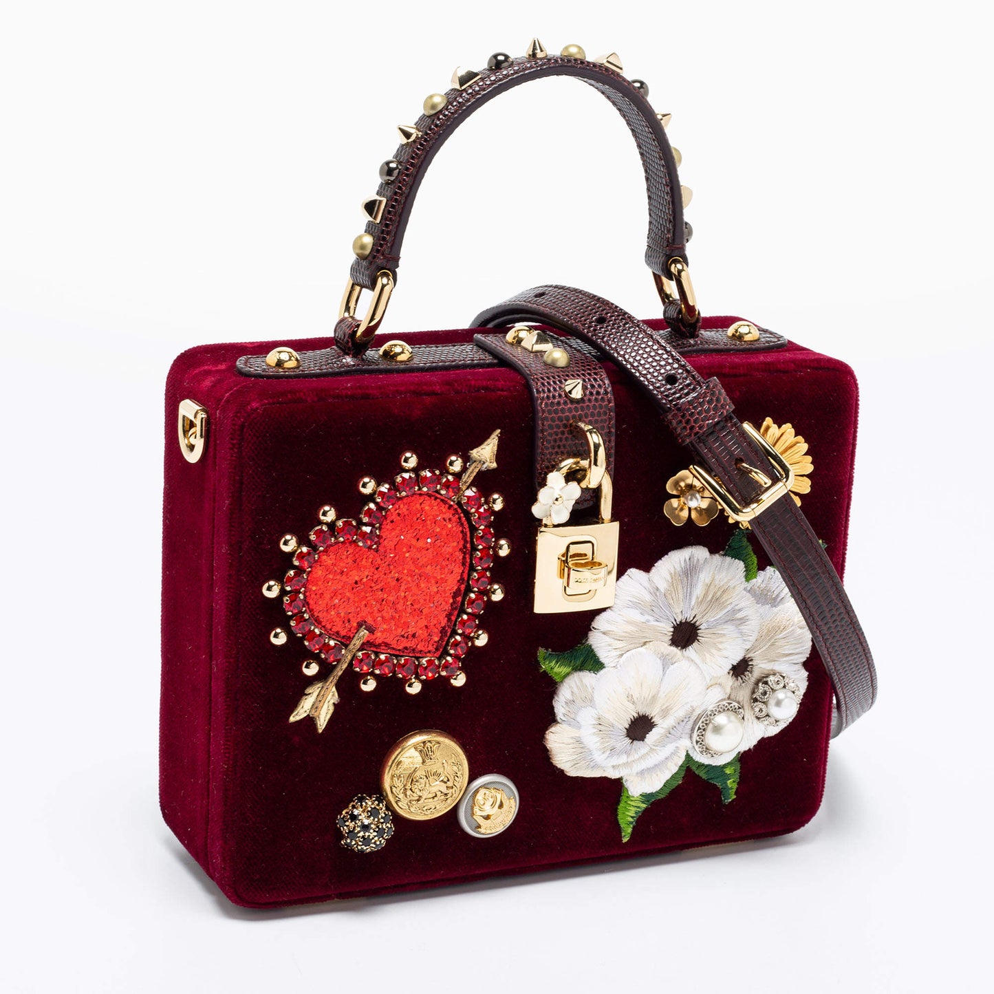 DOLCE & GABBANA VELVET LIZARD EMBOSSED LEATHER EMBELLISHED BOX BAG