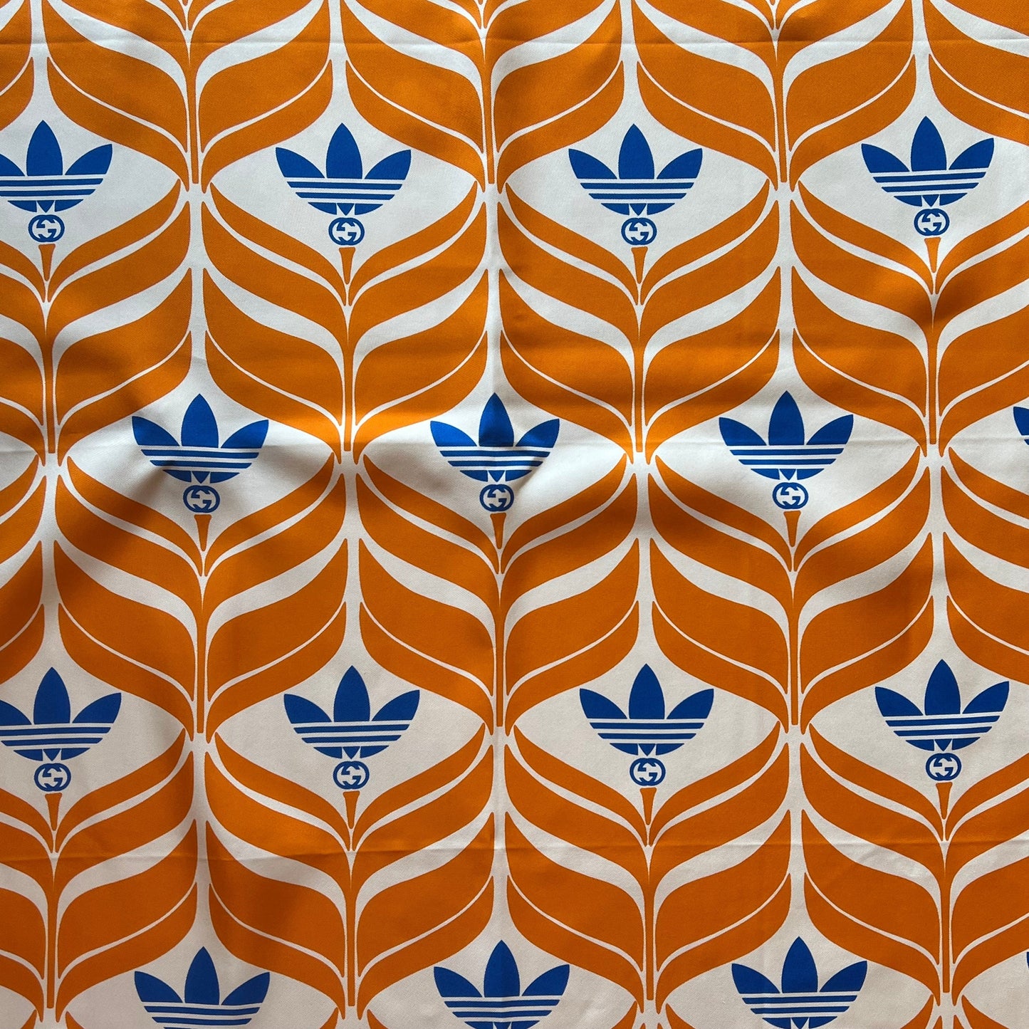 GUCCI x Adidas Orange Blue White Silk GG Monogram Trefoil Print Square Scarf