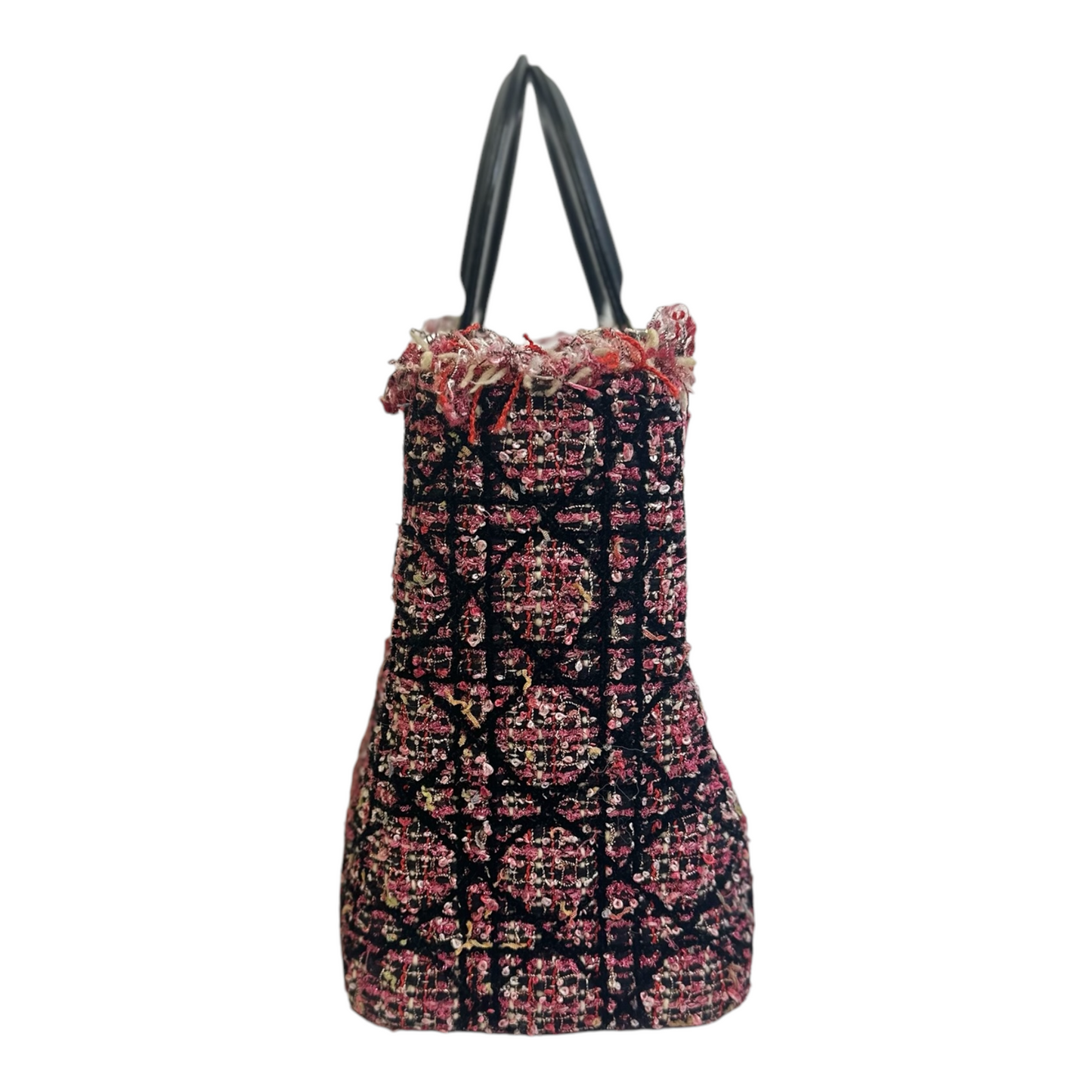 Christian Dior Tweed Fringe Cannage Embroidered Medium Lady Dior Pink Black Multicolor