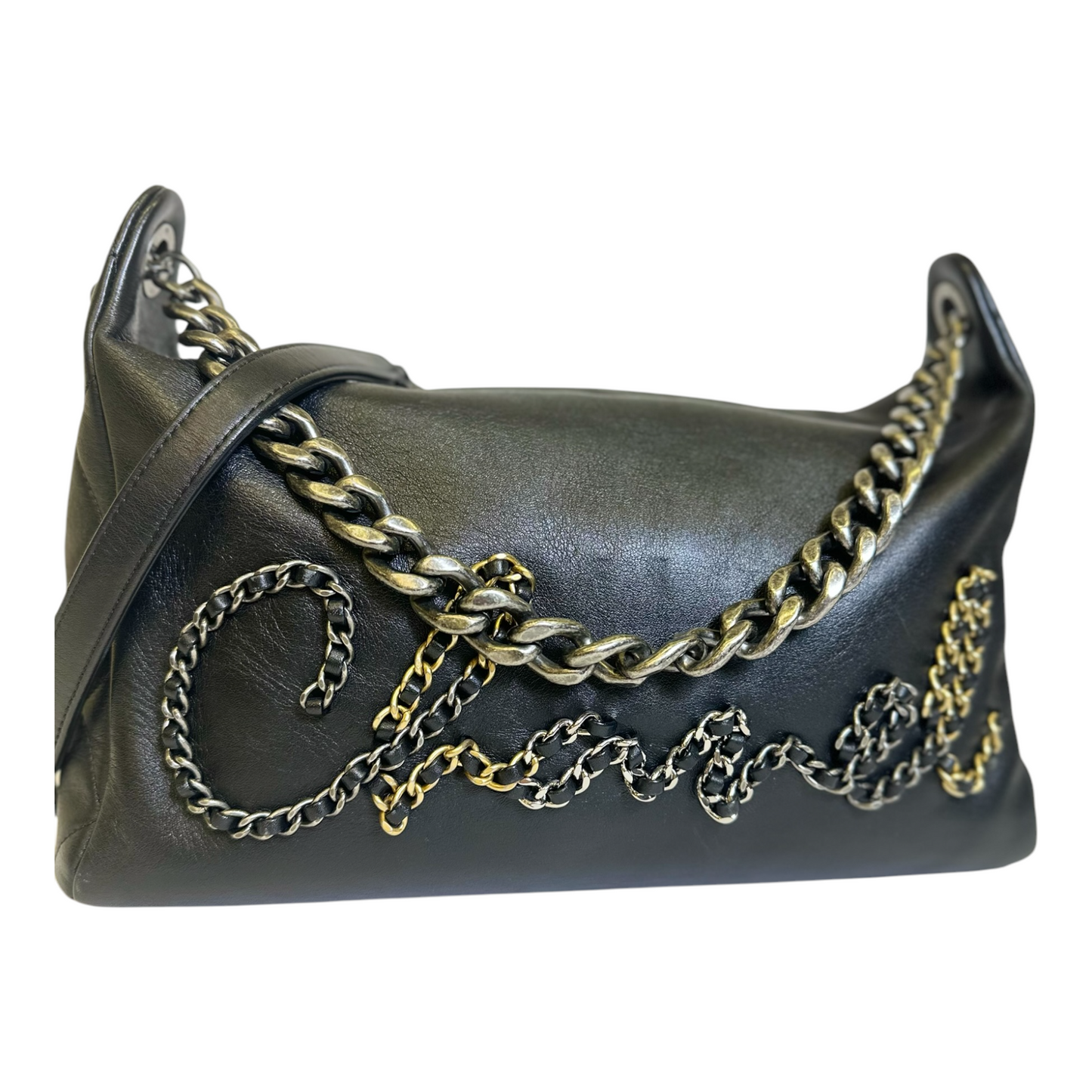 Chanel Calfskin Chain 20s Signature Hobo Black