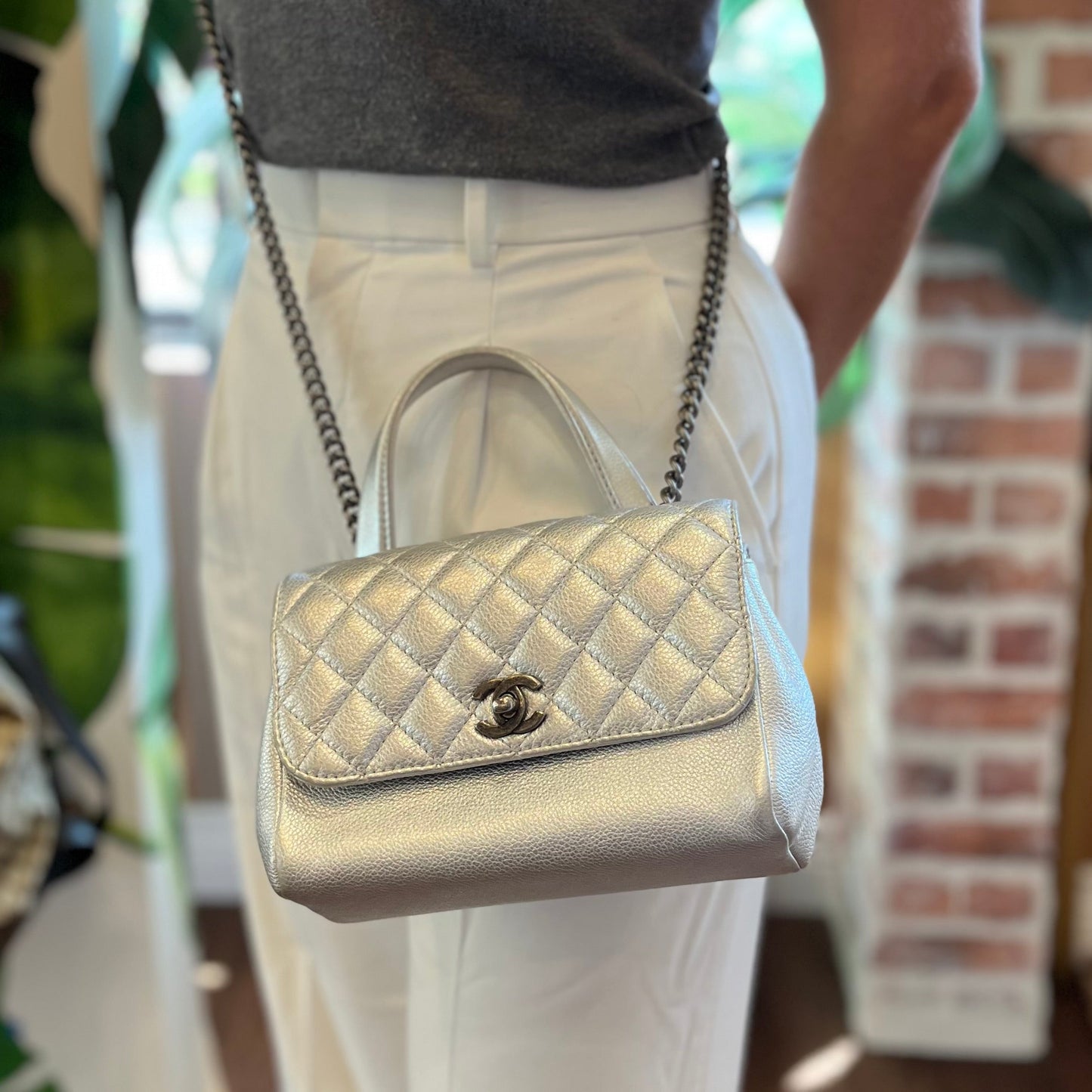 CHANEL Pilot Essentials Small Metallic Calfskin Quilted Top Handle