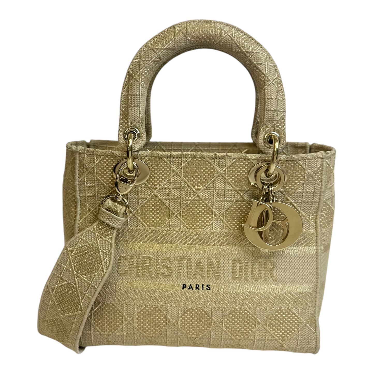 Christian Dior Canvas Embroidered Cannage Medium Lady D-Lite Beige