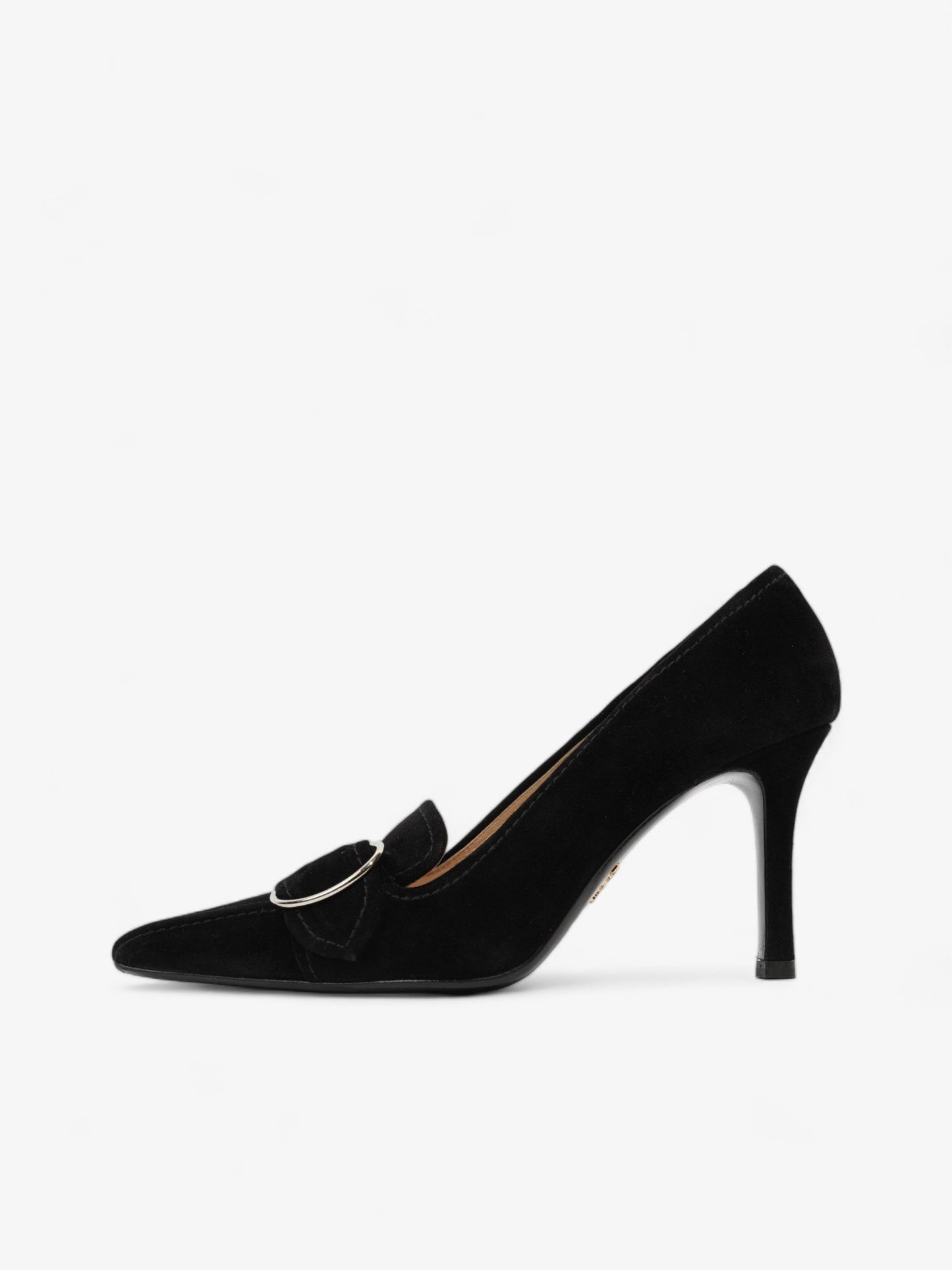 Prada Buckled Square Point Pump 80 Black Suede EU 38.5 UK 5.5