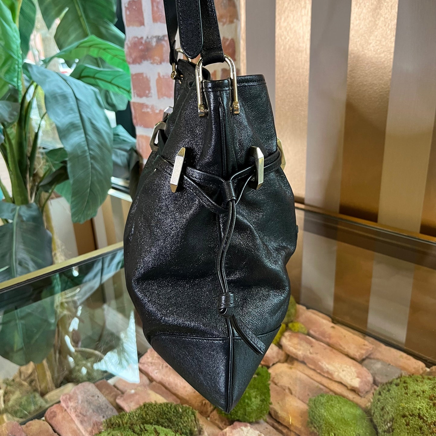 GUCCI 1955 Horse Bit Drawstring Black Morsetto Leather Crossbody