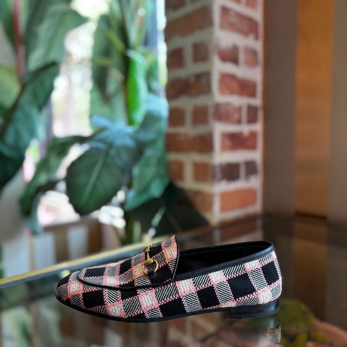 GUCCI Tweed Check Horsebit Jordaan Loafers