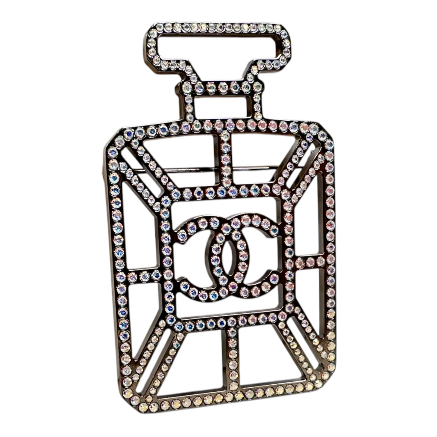 Chanel Ruthenium Crystal Perfume Bottle CC Brooch Iridescent Blue