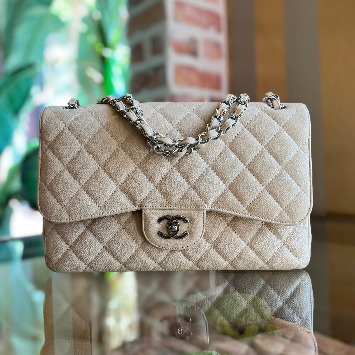 CHANEL Classic Double Flap Jumbo Beige Quilted Caviar Leather Shoulder Bag