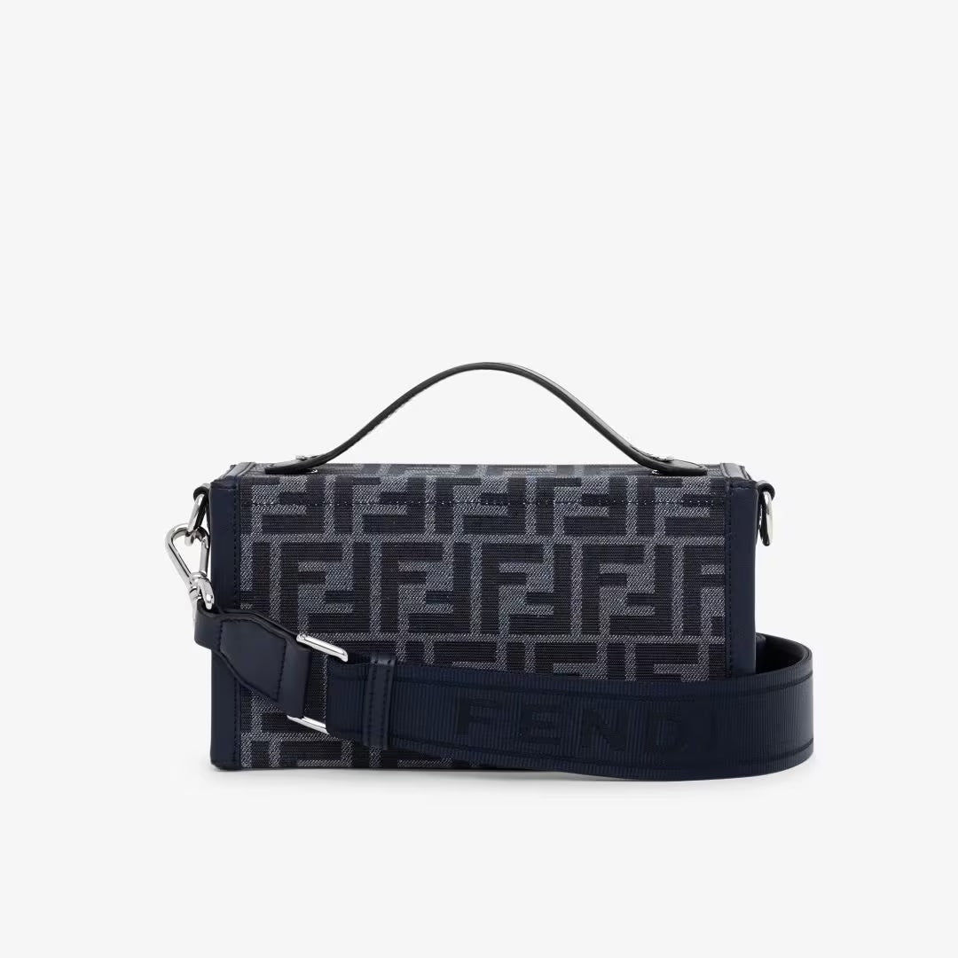 FENDI FF BLUE JACQUARD AND LEATHER SOFT TRUNK BAGUETTE BAG