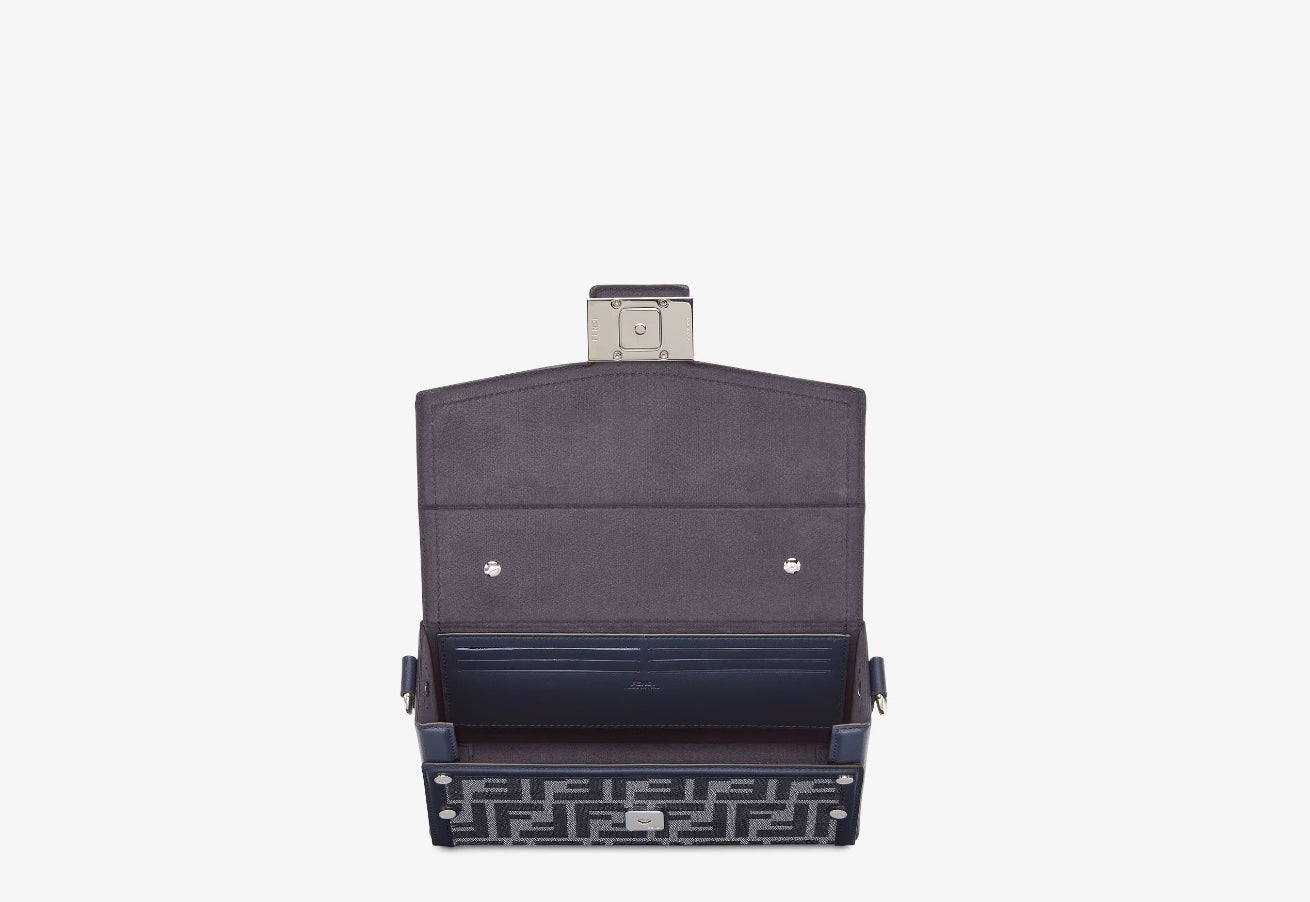 FENDI FF BLUE JACQUARD AND LEATHER SOFT TRUNK BAGUETTE BAG