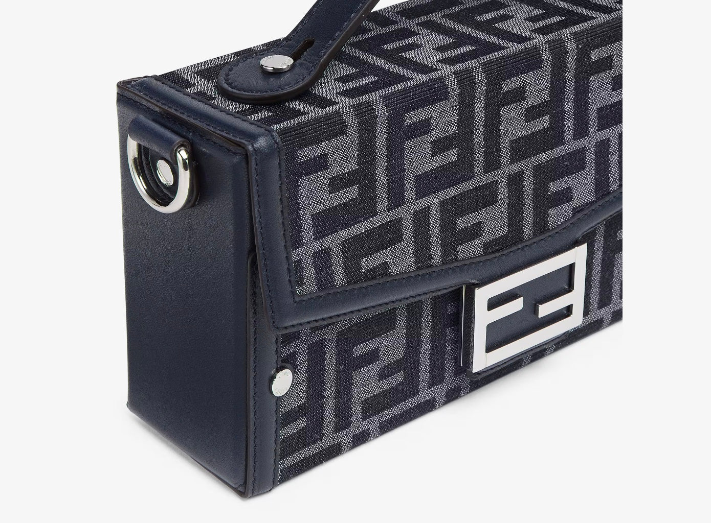 FENDI FF BLUE JACQUARD AND LEATHER SOFT TRUNK BAGUETTE BAG