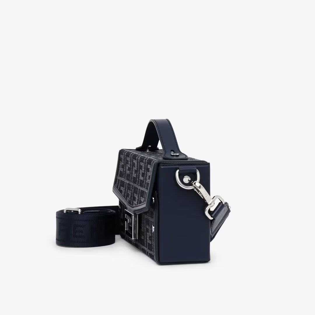 FENDI FF BLUE JACQUARD AND LEATHER SOFT TRUNK BAGUETTE BAG