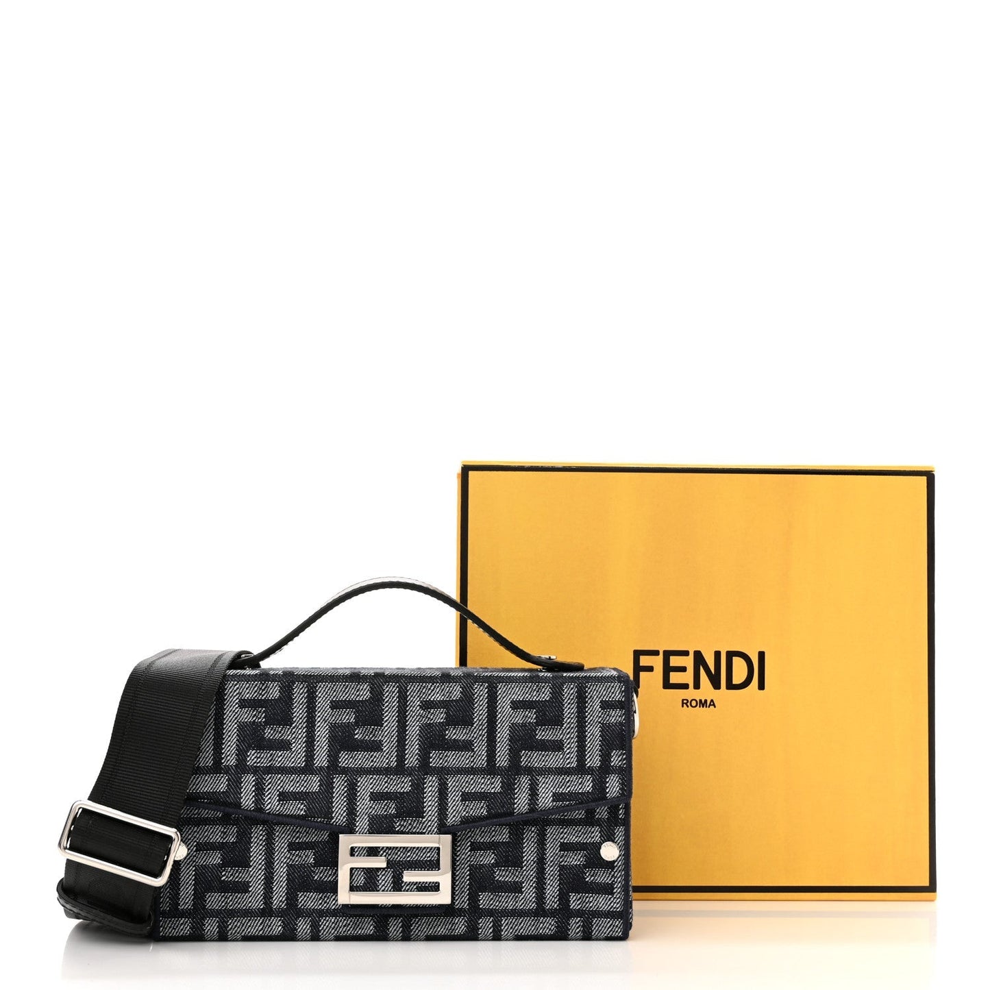FENDI FF BLUE JACQUARD AND LEATHER SOFT TRUNK BAGUETTE BAG