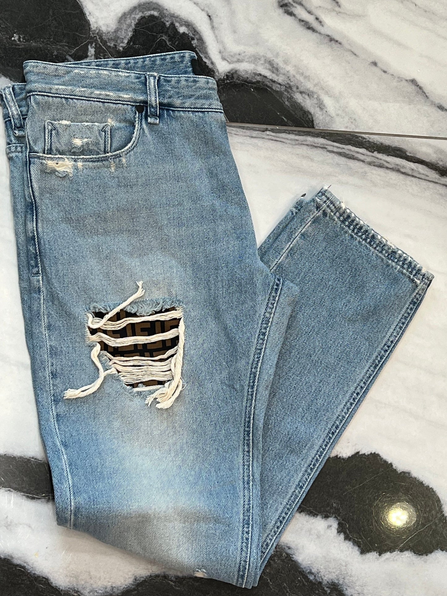 FENDI DISTRESSED FF LOGO JEANS