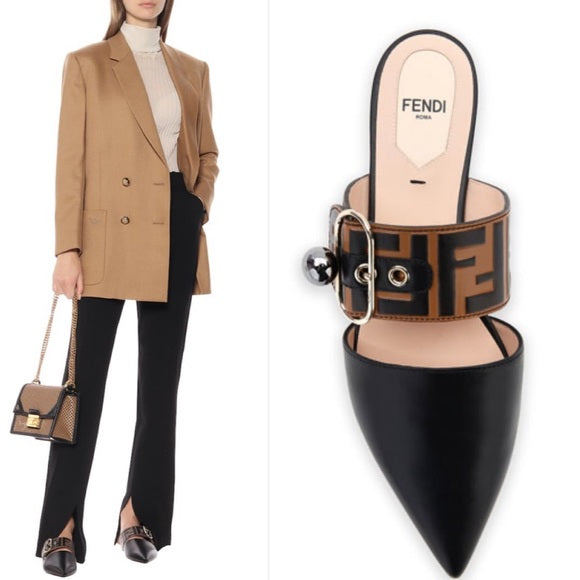 FENDI FF VITELLO LEATHER FLAT MULES