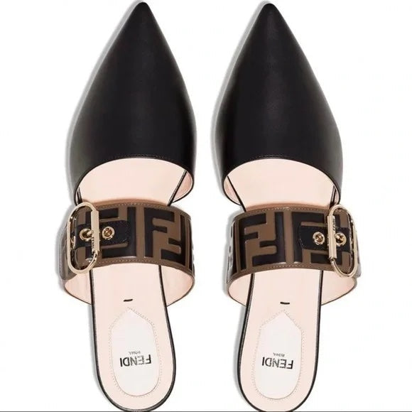 FENDI FF VITELLO LEATHER FLAT MULES