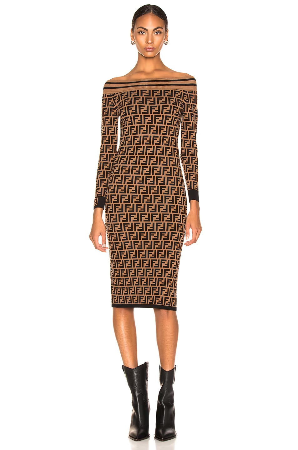 FENDI FF MONOGRAM JACQUARD OFF-SHOULDER KNIT DRESS
