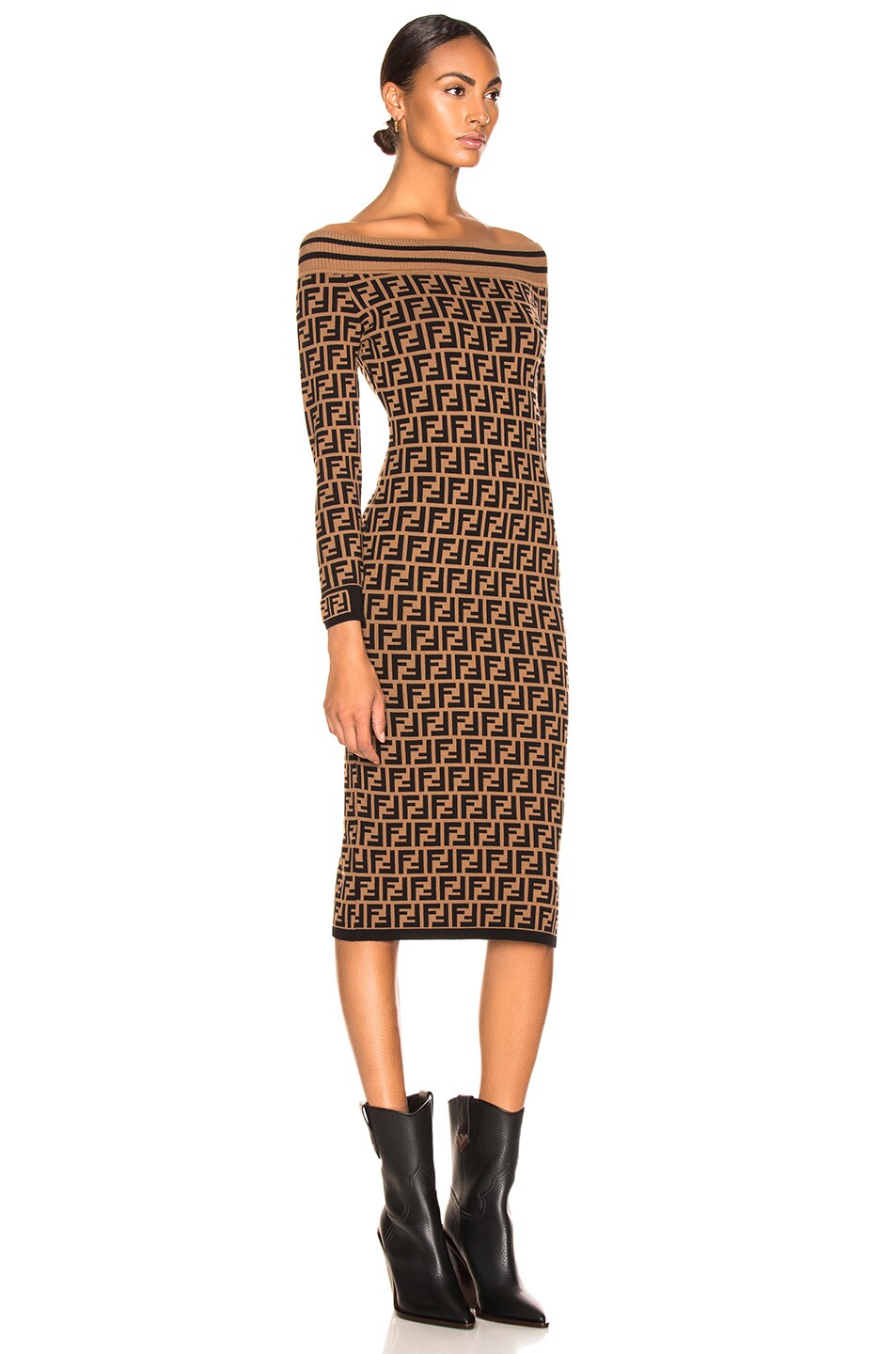 FENDI FF MONOGRAM JACQUARD OFF-SHOULDER KNIT DRESS