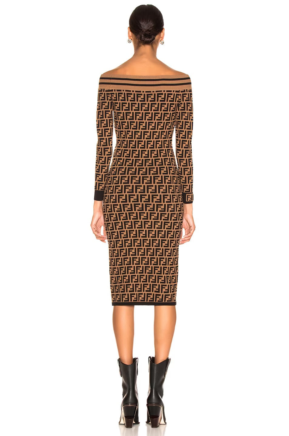 FENDI FF MONOGRAM JACQUARD OFF-SHOULDER KNIT DRESS