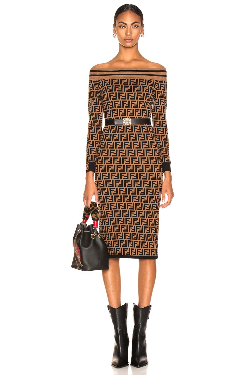 FENDI FF MONOGRAM JACQUARD OFF-SHOULDER KNIT DRESS