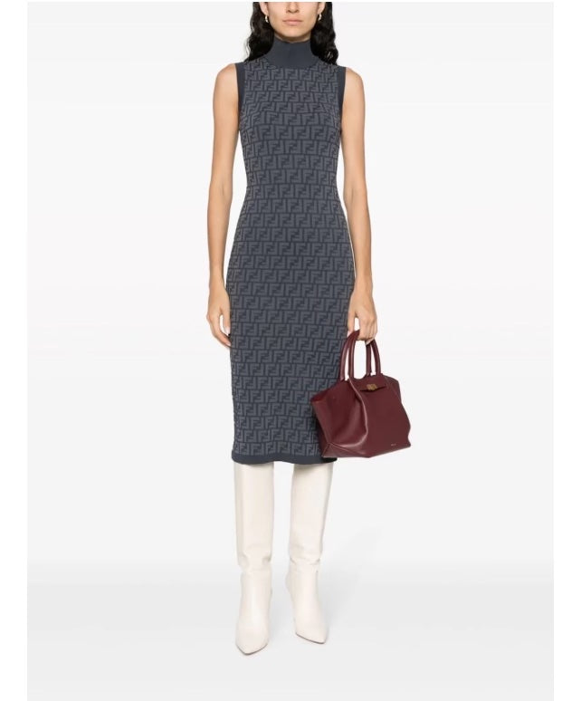 FENDI FF INTARSIA RIBBED KNIT JACQUARD MIDI DRESS