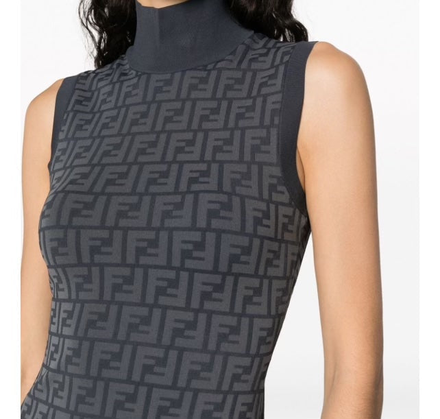 FENDI FF INTARSIA RIBBED KNIT JACQUARD MIDI DRESS