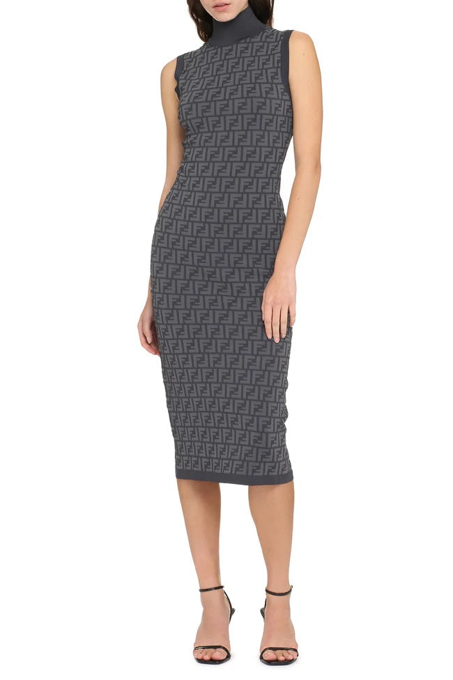 FENDI FF INTARSIA RIBBED KNIT JACQUARD MIDI DRESS