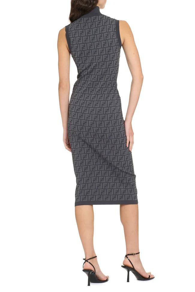 FENDI FF INTARSIA RIBBED KNIT JACQUARD MIDI DRESS