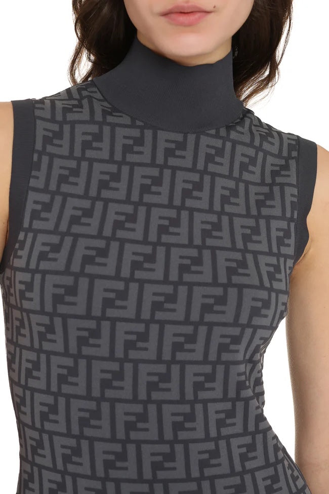 FENDI FF INTARSIA RIBBED KNIT JACQUARD MIDI DRESS