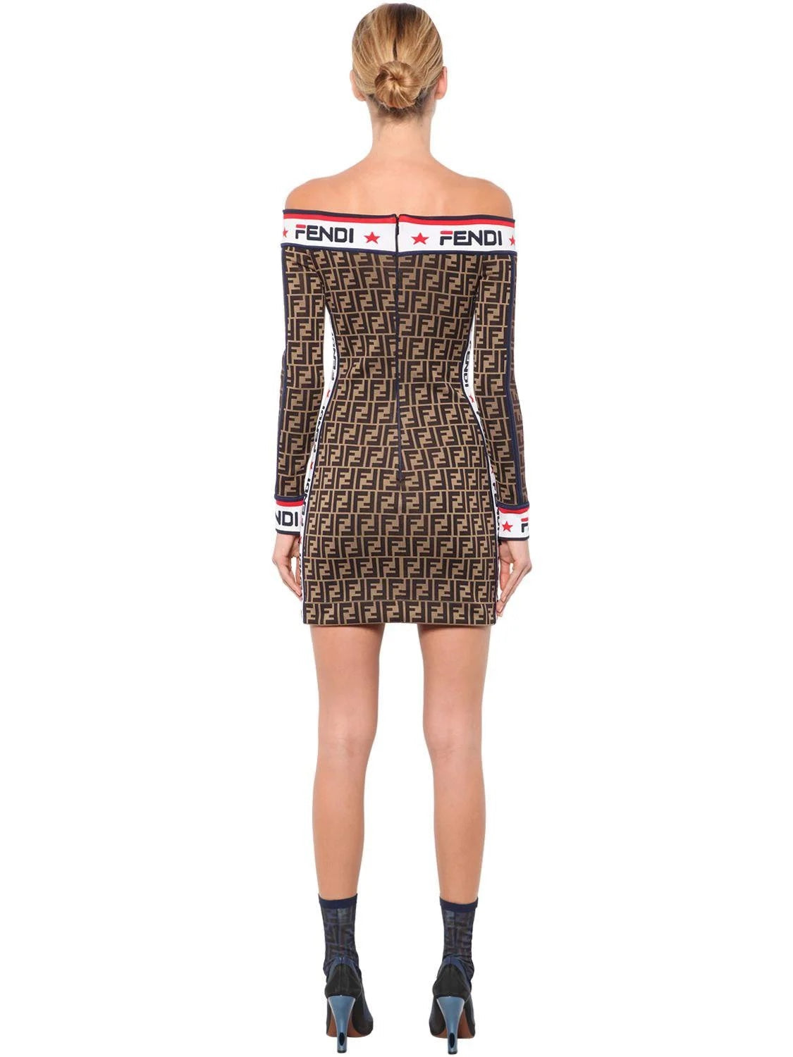 FENDI X FILA MANIA OFF-THE-SHOULDER PRINTED COTTON-BLEND MINI DRESS