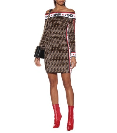 FENDI X FILA MANIA OFF-THE-SHOULDER PRINTED COTTON-BLEND MINI DRESS