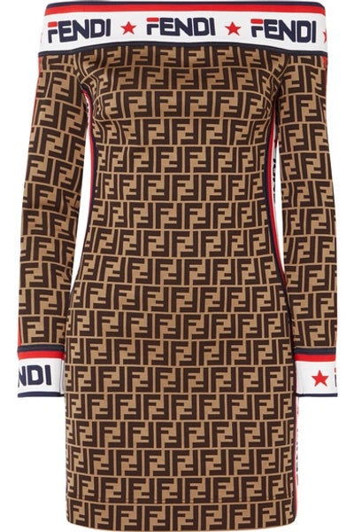 FENDI X FILA MANIA OFF-THE-SHOULDER PRINTED COTTON-BLEND MINI DRESS