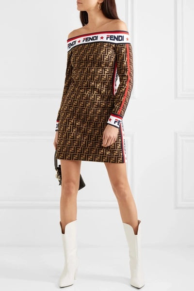FENDI X FILA MANIA OFF-THE-SHOULDER PRINTED COTTON-BLEND MINI DRESS